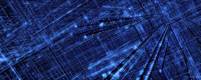 Abstract blue digital grid with glowing lights