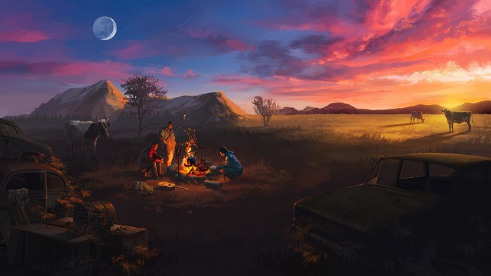 Family camping by a campfire with cows and wrecked cars at sunset