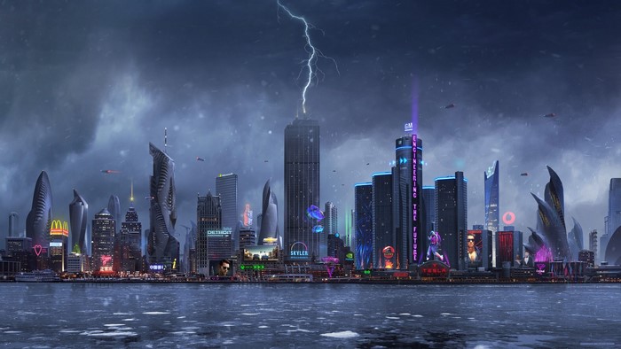 Futuristic Detroit Cityscape with Lightning and GM Tower