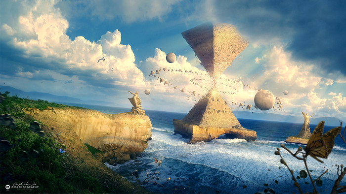 Fantasy Hourglass Pyramid with Statues and Planets