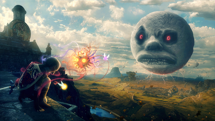 Link from The Legend of Zelda: Majora's Mask with Moon and Fierce Deity