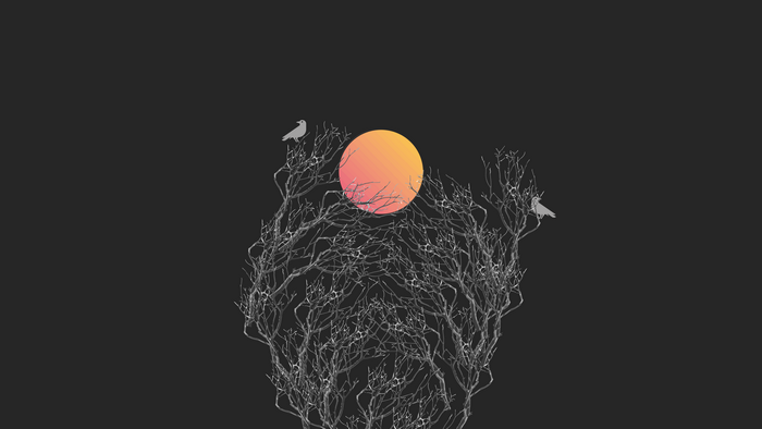 Minimalist vector art with crows and sunset