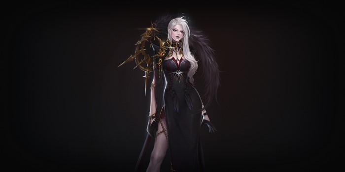 Fantasy art of a woman with white hair and black dress