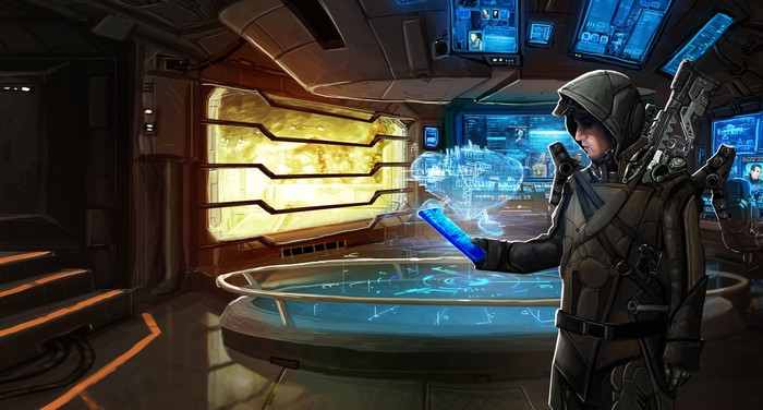 Man interacting with holographic display in Elite: Dangerous