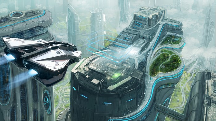 Spaceship flying near futuristic city in Elite: Dangerous