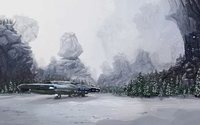 Spaceship in a snowy landscape from Elite: Dangerous