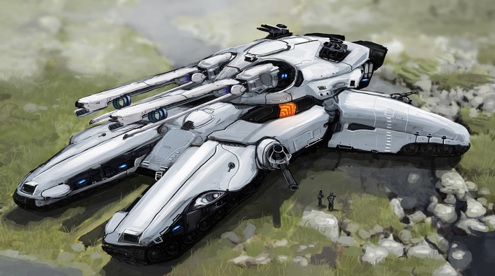 White science fiction tank vehicle in a grassy field