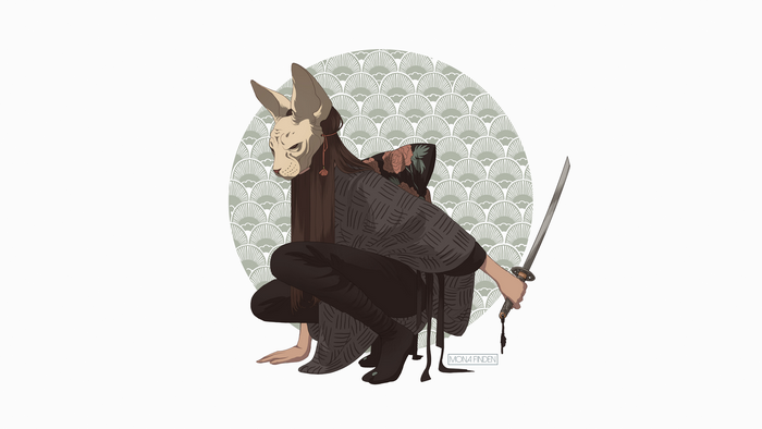 Sphynx mask girl with katana in Japanese clothes