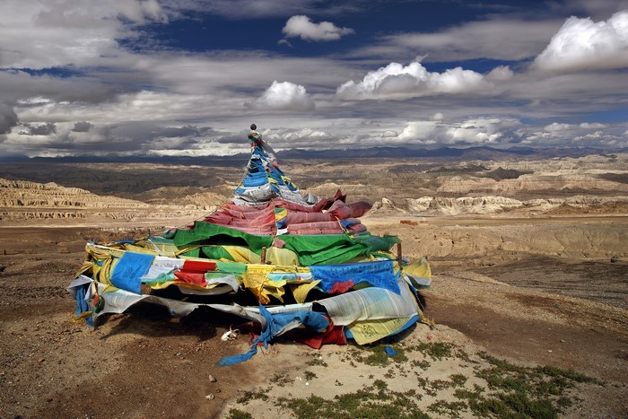 Prayer flags on a hilltop in Tibet