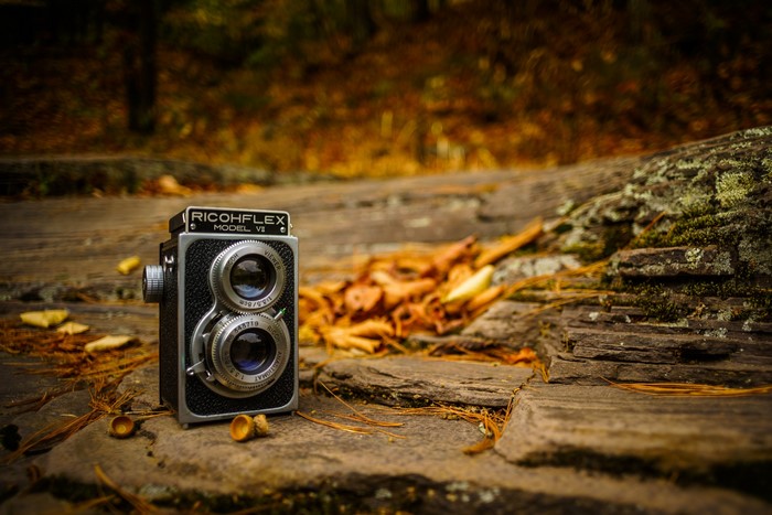 Ricohflex Model V2 twin-lens reflex camera on a rock