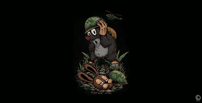 Mole soldier with dead rabbit and helicopter