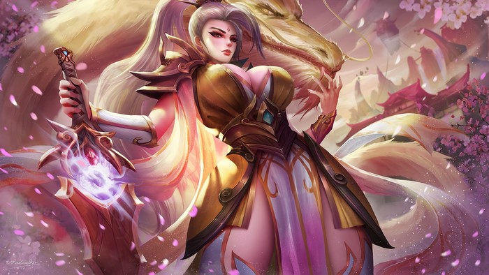 Riven from League of Legends with a dragon and cherry blossoms