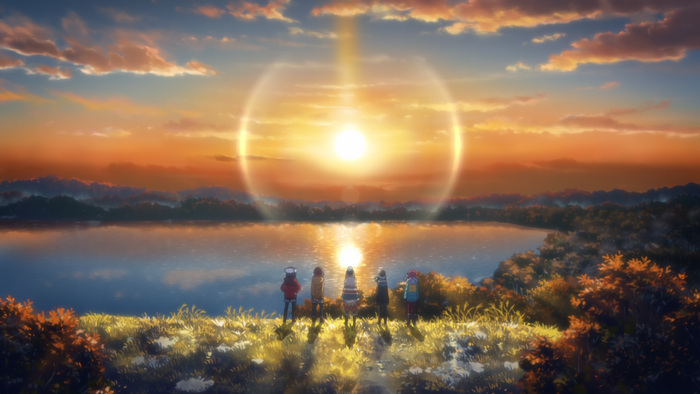 Yuru Camp: Sunset over the lake with Nadeshiko, Rin, Aoi, Chiaki, and Ena