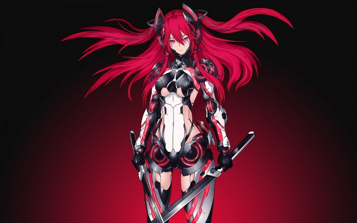 Anime mecha girl with red hair and swords