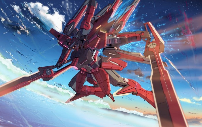 Red mecha with sword in the sky
