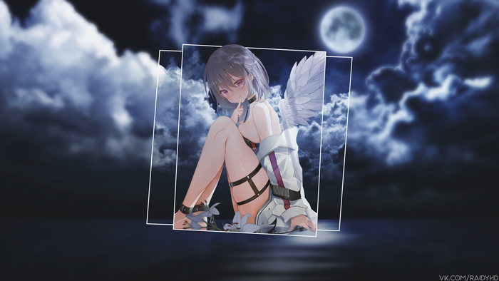 Anime girl with wings in front of moonlit sky