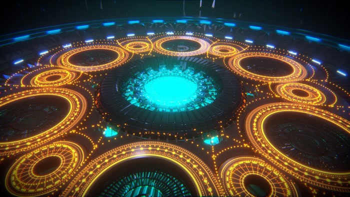 Futuristic circular platform with glowing orange and cyan lights