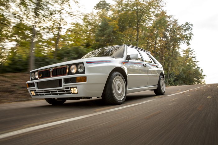 White Lancia Delta Integrale with Martini Racing design