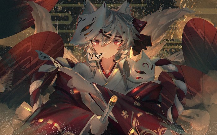 Anime character with fox mask and sword