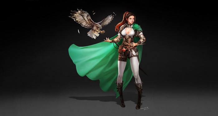 Fantasy girl with a hawk and green cape