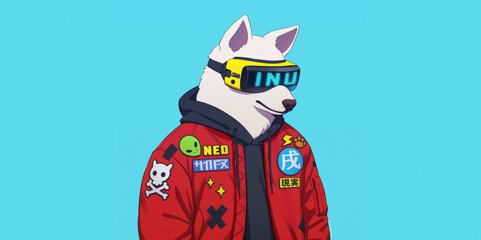 Shiba Inu wearing VR goggles and a red jacket