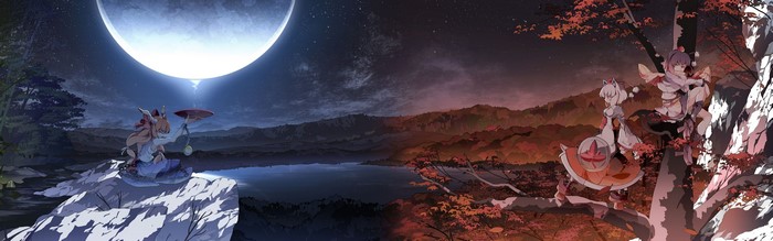 Anime girls by a lake under a large moon