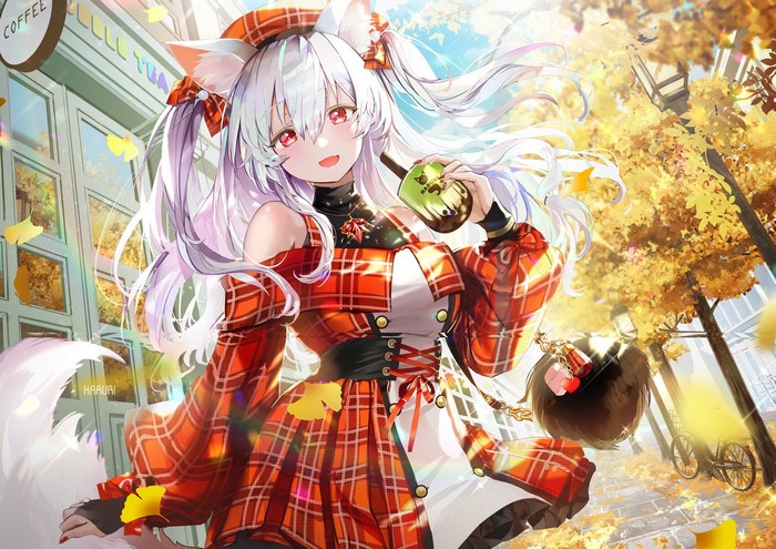 Anime girl with fox ears drinking bubble tea