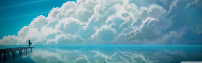 Anime girl on a pier with clouds and sea