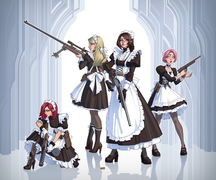 Four anime girls in French maid outfits holding weapons