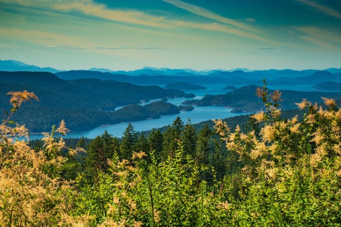 Landscape of islands and mountains in British Columbia, Canada