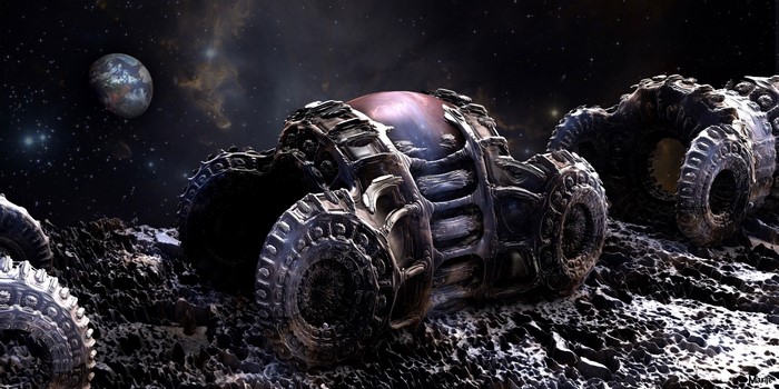 Alien vehicle on a rocky planet with a distant planet