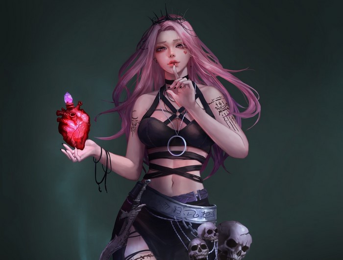Fantasy girl holding a glowing heart with skulls