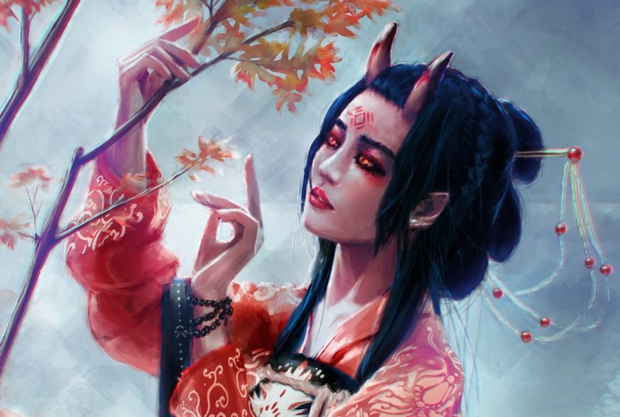 Fantasy art of a demon girl with horns and red kimono