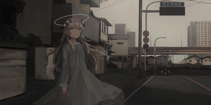 Anime girl with halo in a city street