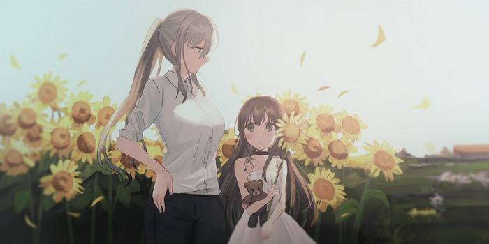 Two anime girls in a sunflower field