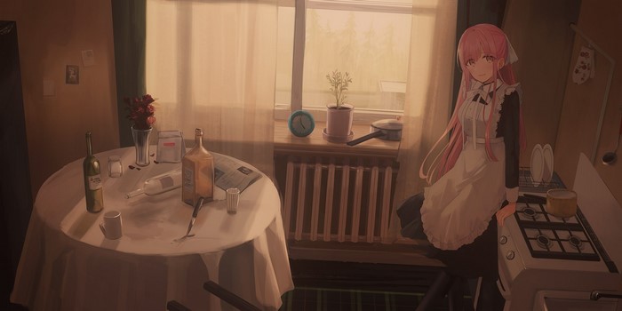 Anime girl with pink hair in maid outfit in kitchen