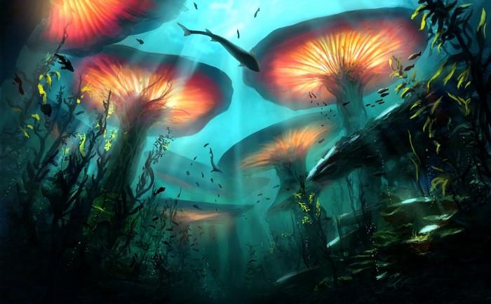 Underwater fantasy art with glowing mushrooms and fish