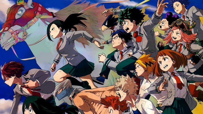 My Hero Academia characters running with a mechanical horse
