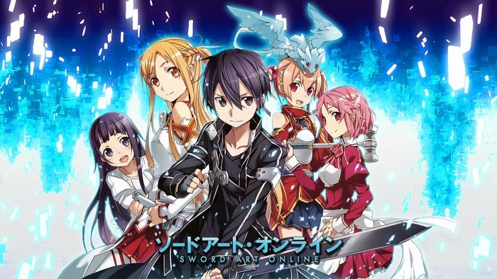 Sword Art Online characters: Kirito, Asuna, Rika, Keiko, and Yuuki