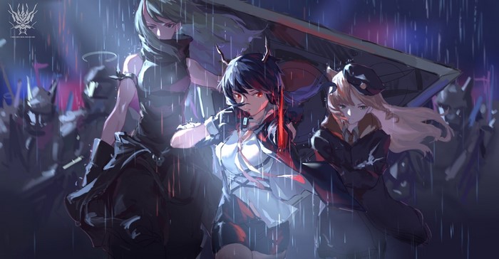 Anime girls from Arknights in the rain