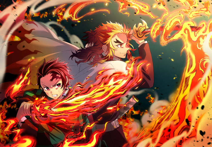 Rengoku Kyoujurou and Kamado Tanjirō in Fiery Battle