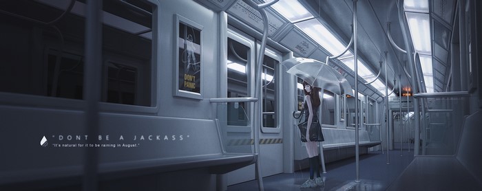 Anime girl with umbrella in subway