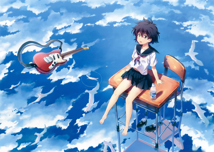 Anime girl with guitar in the sky