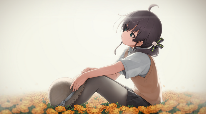 Anime girl sitting in a field of marigolds