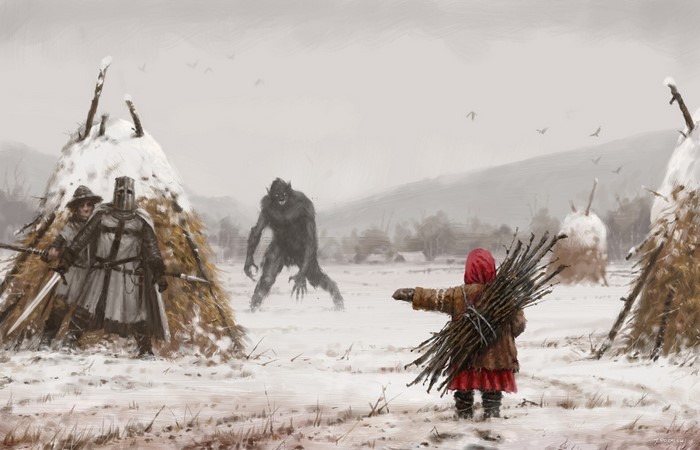 Little Red Riding Hood faces a werewolf with knights nearby