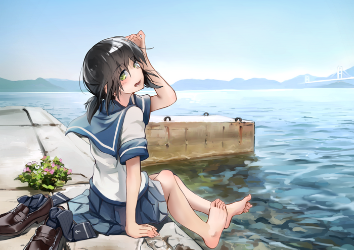 Anime girl in sailor uniform by the water