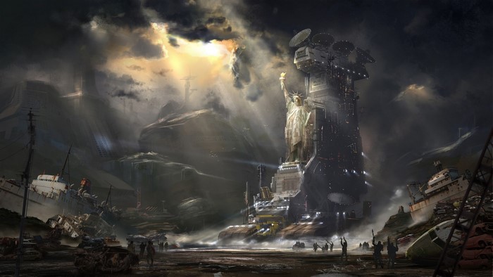 Post-apocalyptic Statue of Liberty with futuristic structures and ships