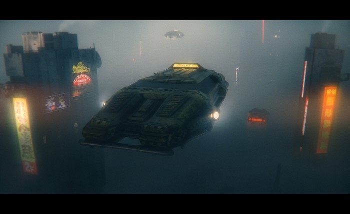Flying taxi in a foggy futuristic city
