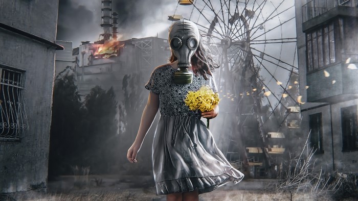 Girl in gas mask holding yellow flowers in Chernobyl