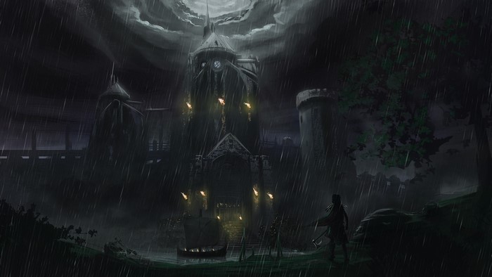 Dark fantasy castle in the rain at night